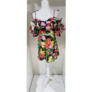 Topshop Cotton Blend Bold Floral Ruffle Bardot Mini Dress Size 2